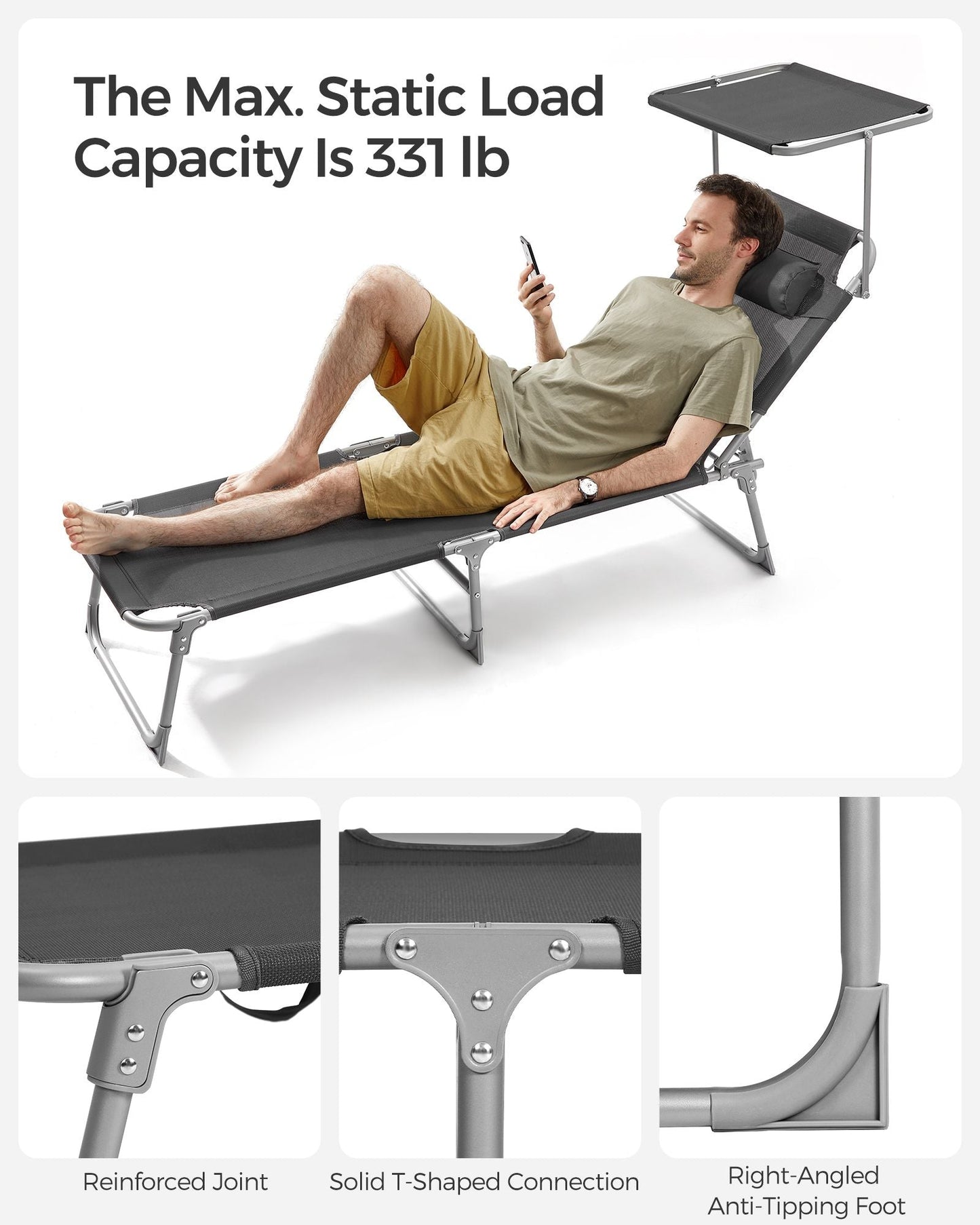 Sun Lounger with Sunshade Headrest Adjustable Backrest