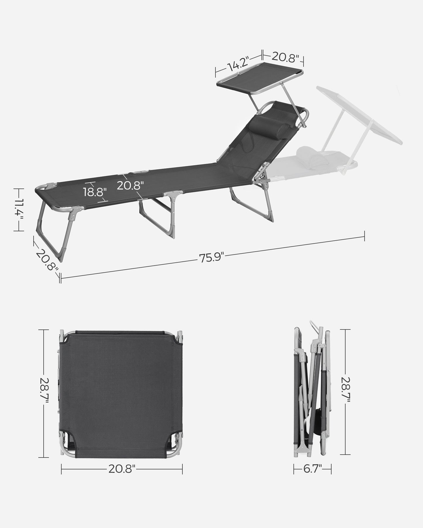 Sun Lounger with Sunshade Headrest Adjustable Backrest