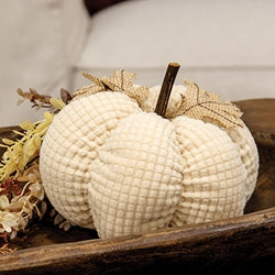 Ivory Waffle Weave Pumpkin w/Burlap Leaves - 7" dia.