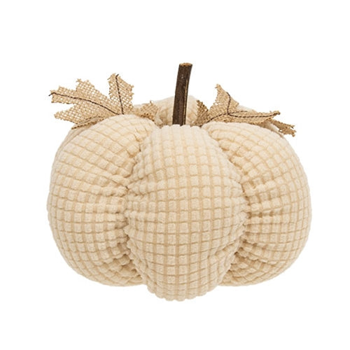 Ivory Waffle Weave Pumpkin w/Burlap Leaves - 7" dia.