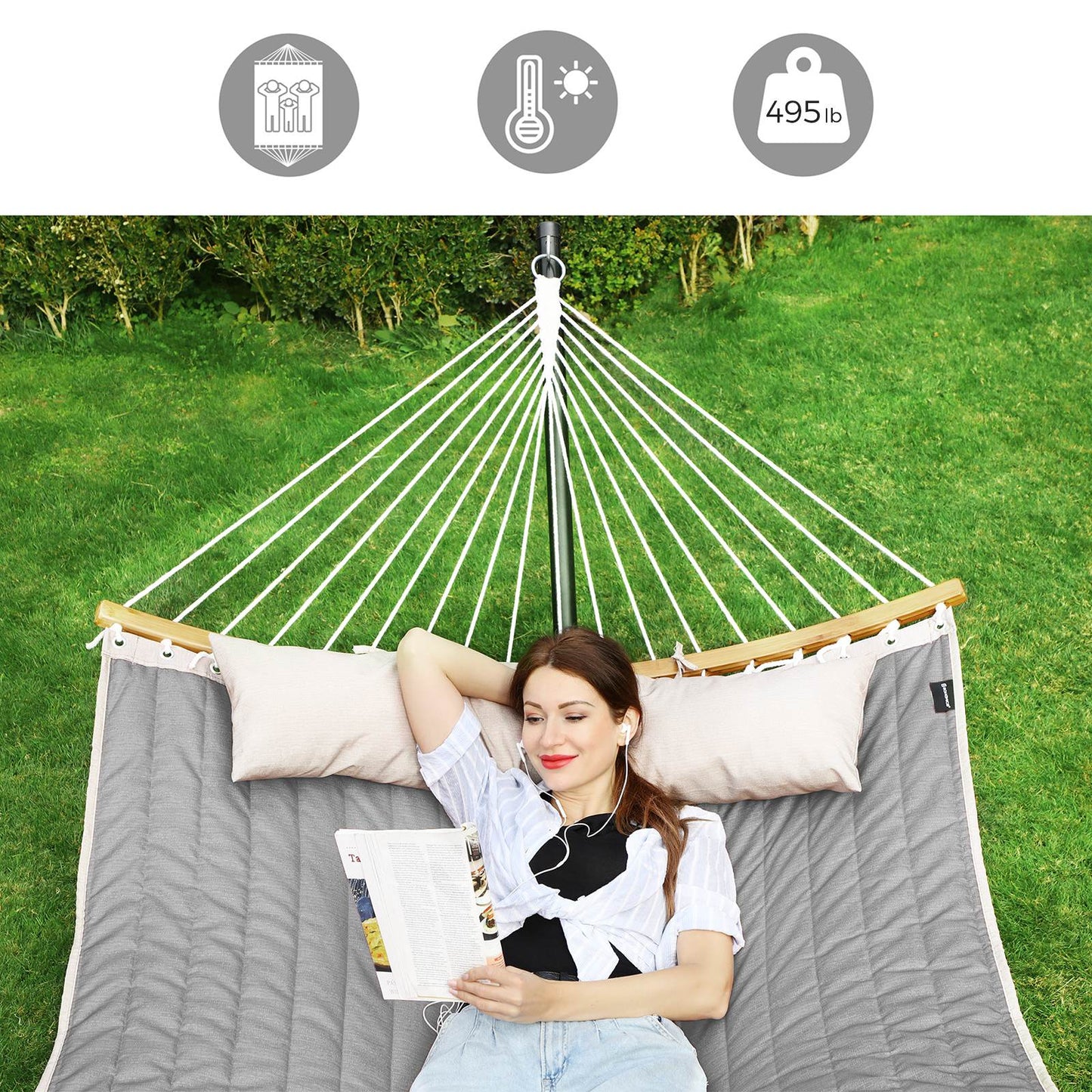 Quilted Hammock with Curved Bamboo Spreaders