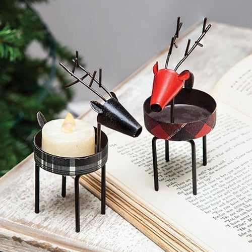 Buffalo Check Metal Deer Tealight Holder 2 Asstd.