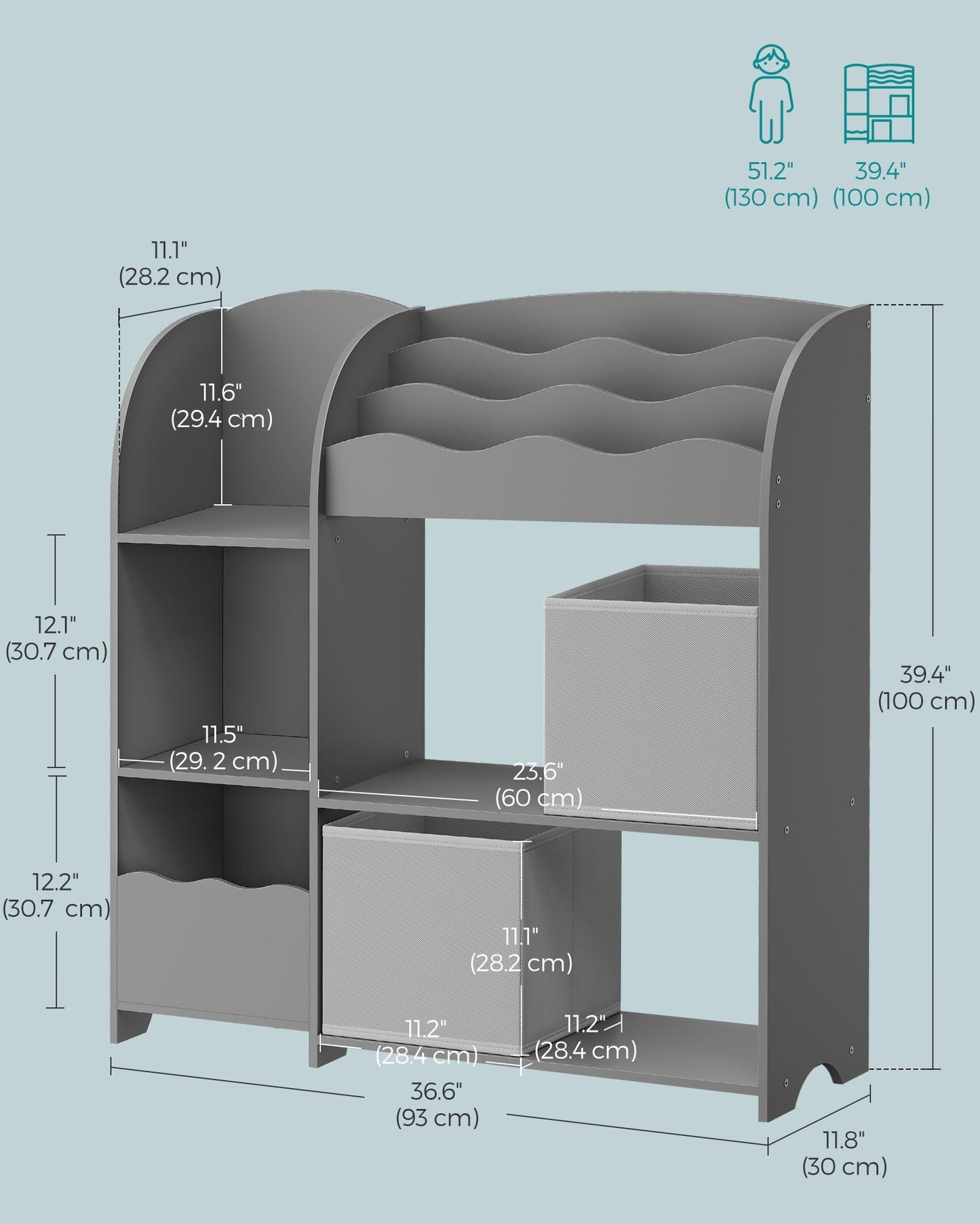 Toy and Book Organizer for Kids, Kids Bookshelf and Toy Storage, Storage Organizer with 2 Storage Boxes, for Playroom, Children's Room, Living Room, Dove Gray