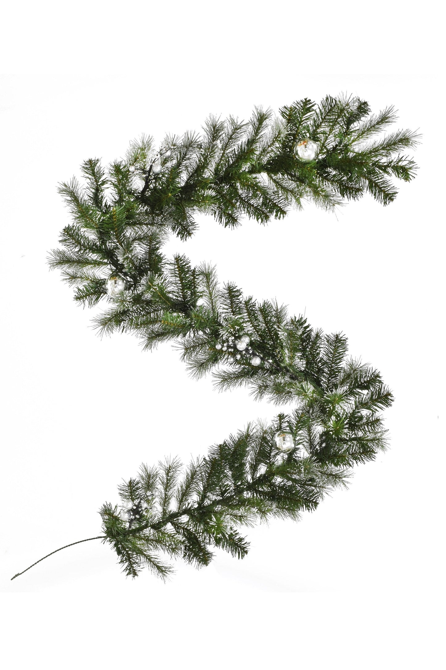 6' Snow Dusted Nulato Pine Garland with Silver Ornaments & Glitter Berry Clusters