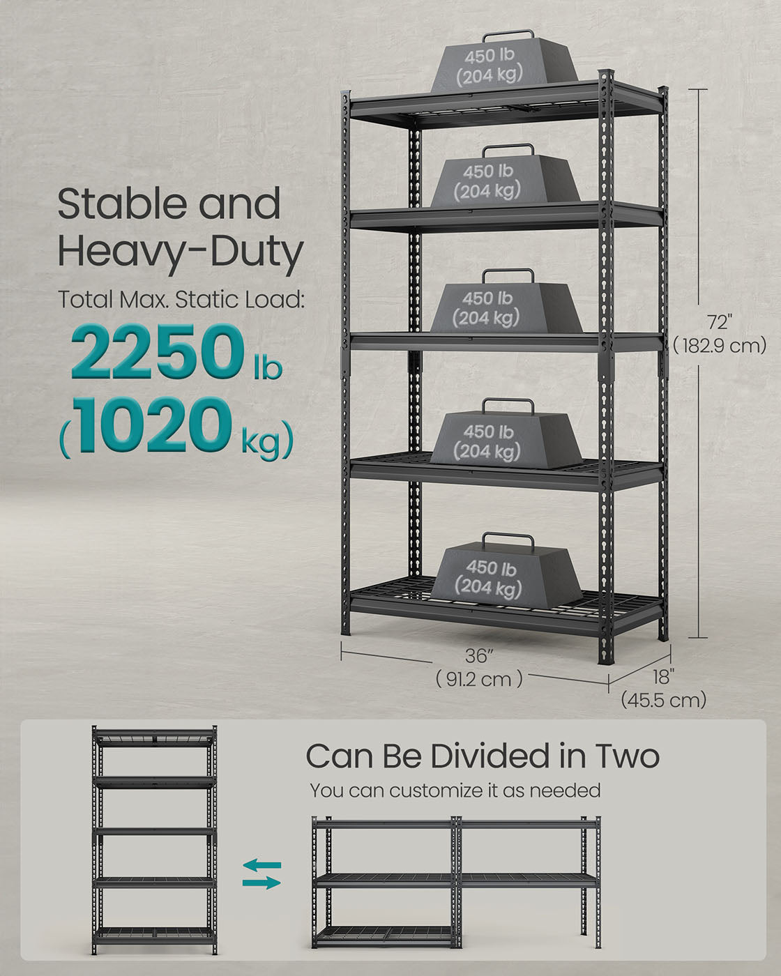 5-Tier Storage Shelves, 2,250 lb Load