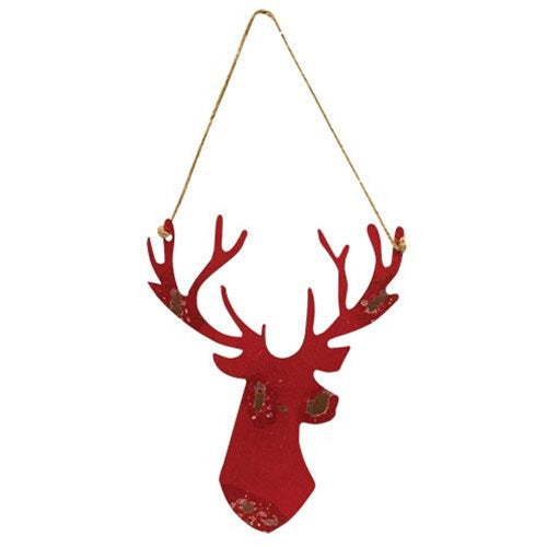 Distressed Red Hanging Metal Deer Head 11"