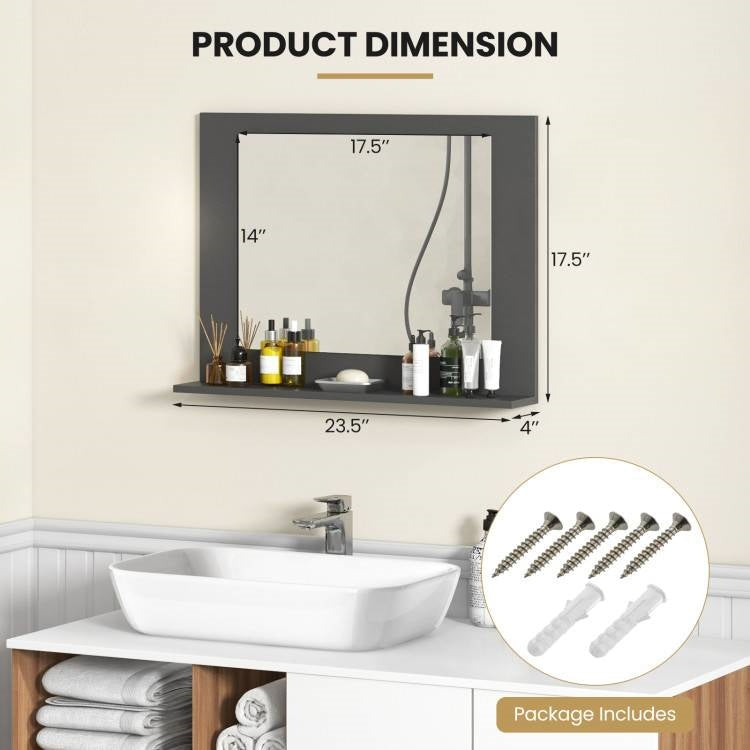 Rectangular 23 x 17 inch Bathroom Mirror with Storage Shelf in Grey Wood Finish