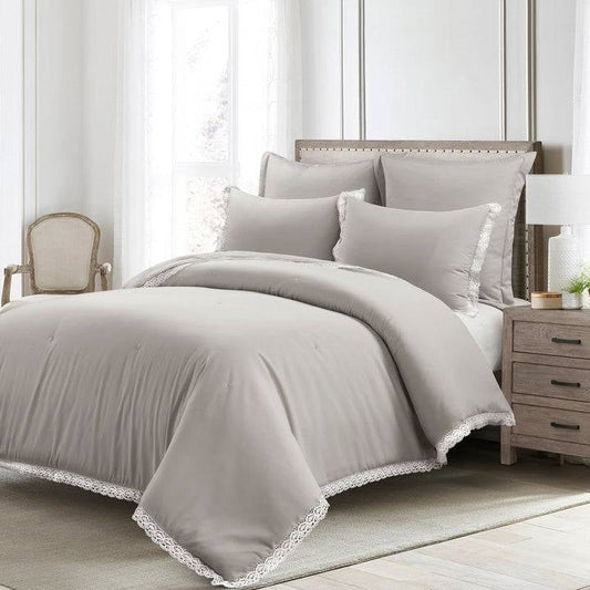 King French Country Grey 5-Piece Lightweight Comforter Set with Lace Trim