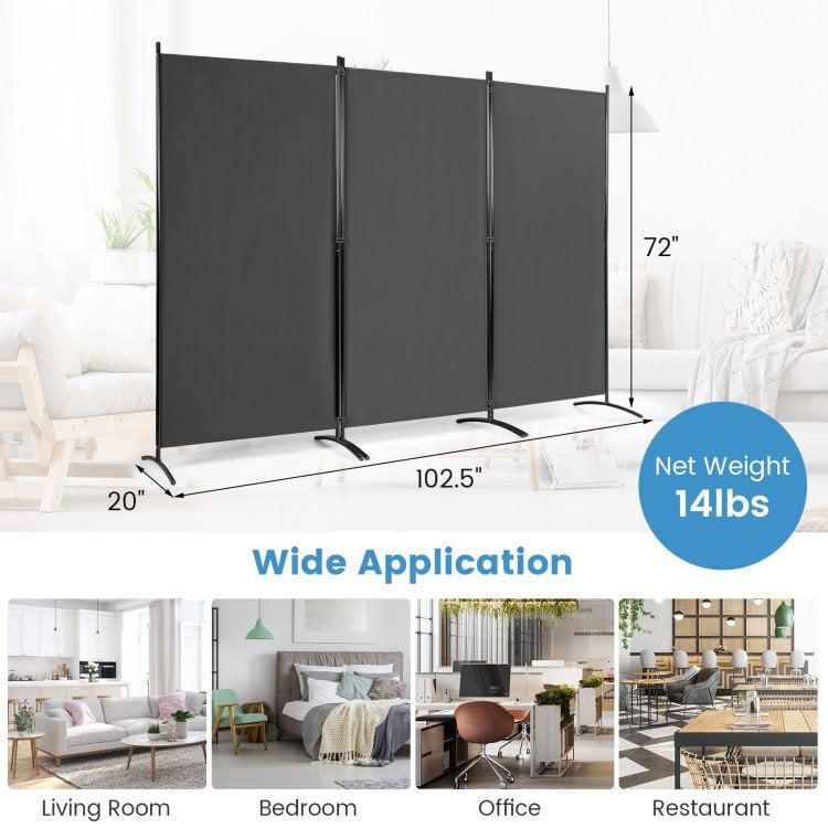 6-Ft Grey 3-Panel Room Divider Screen with Steel Base and Heavy Duty Hinges