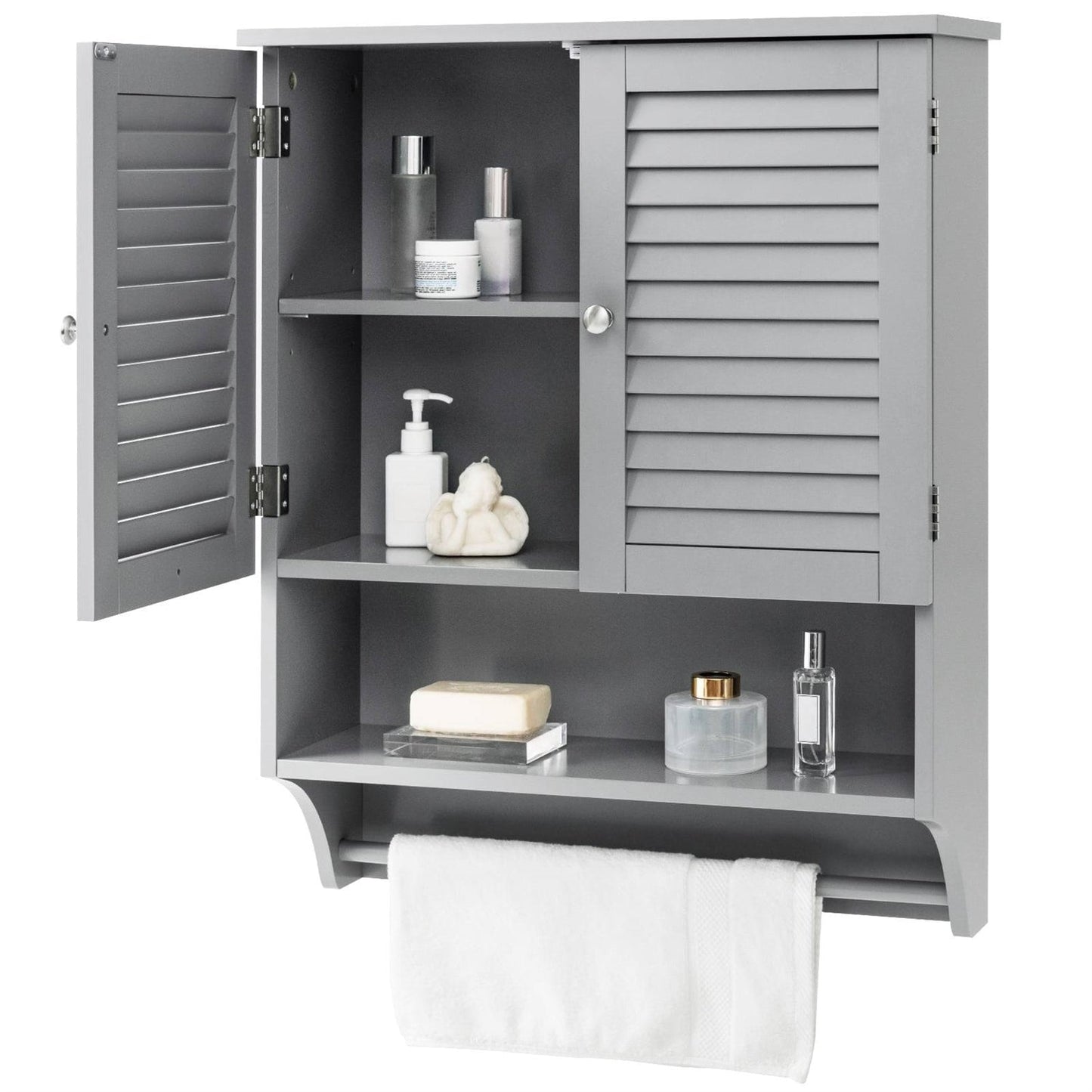 Gray wall-mounted cabinet with open doors displaying bathroom items on a white background