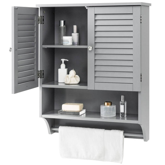 Gray wall-mounted cabinet with open doors displaying bathroom items on a white background