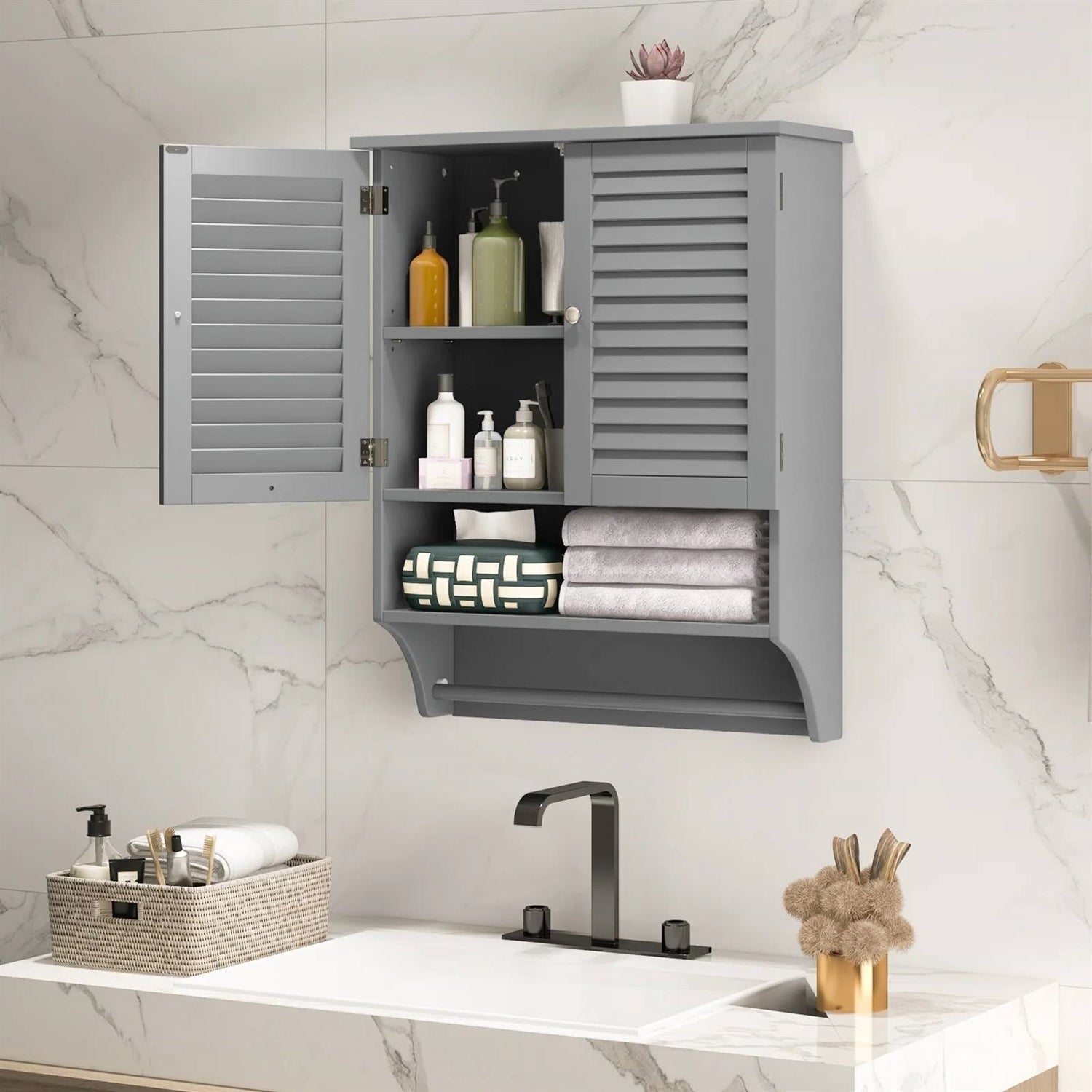Gray wall-mounted cabinet with open doors in a bathroom setting.