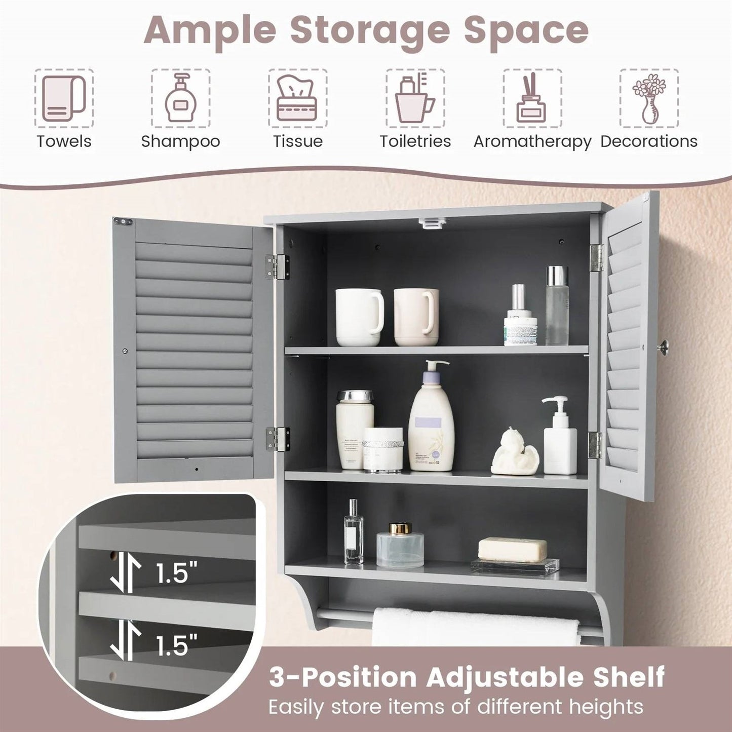 Gray storage cabinet with shelves containing bathroom items, labeled for different product categories.