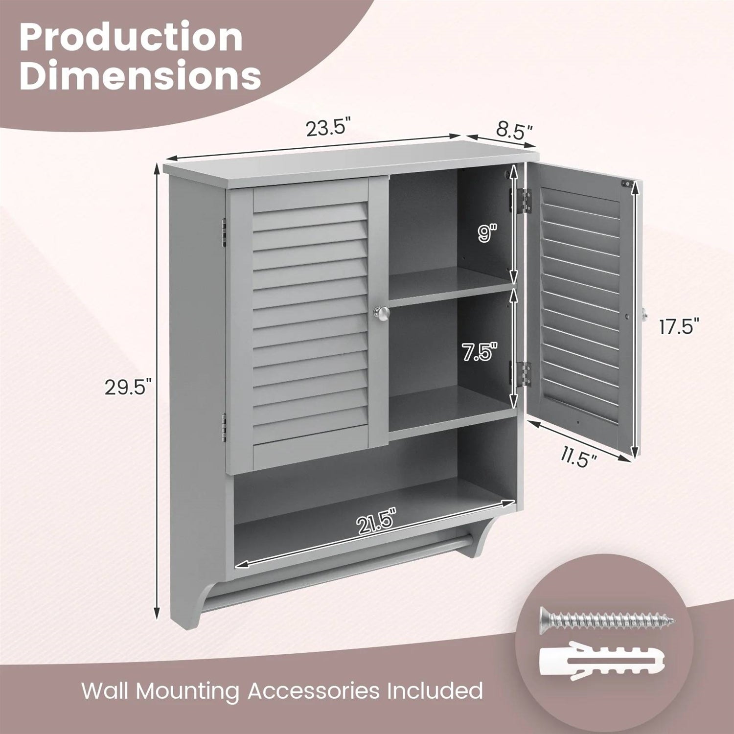 Gray metal cabinet with dimensions labeled on a light pink background