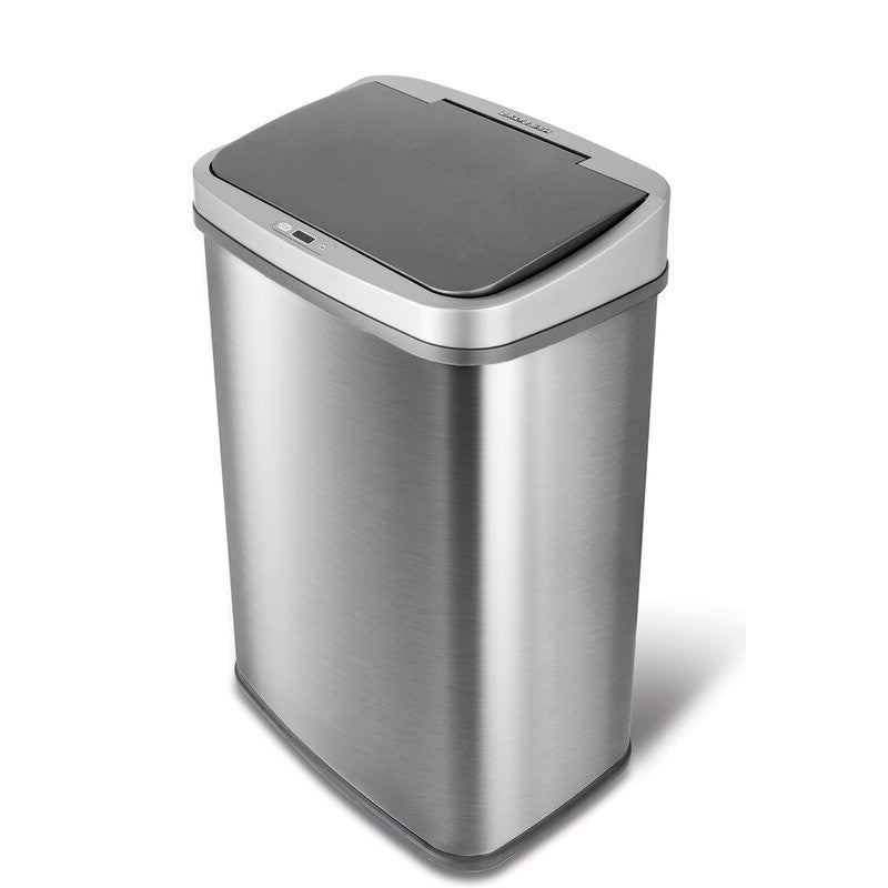 Grey 13-Gallon Stainless Steel Kitchen Trash Can Motion Sensor Lid with automatic opening lid.