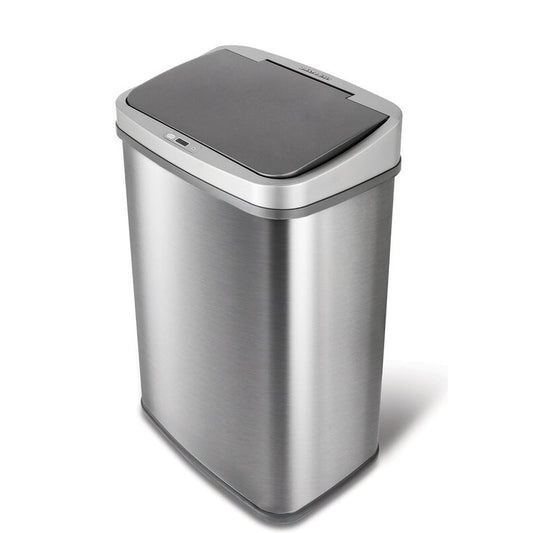 Grey 13-Gallon Stainless Steel Kitchen Trash Can Motion Sensor Lid with automatic opening lid.