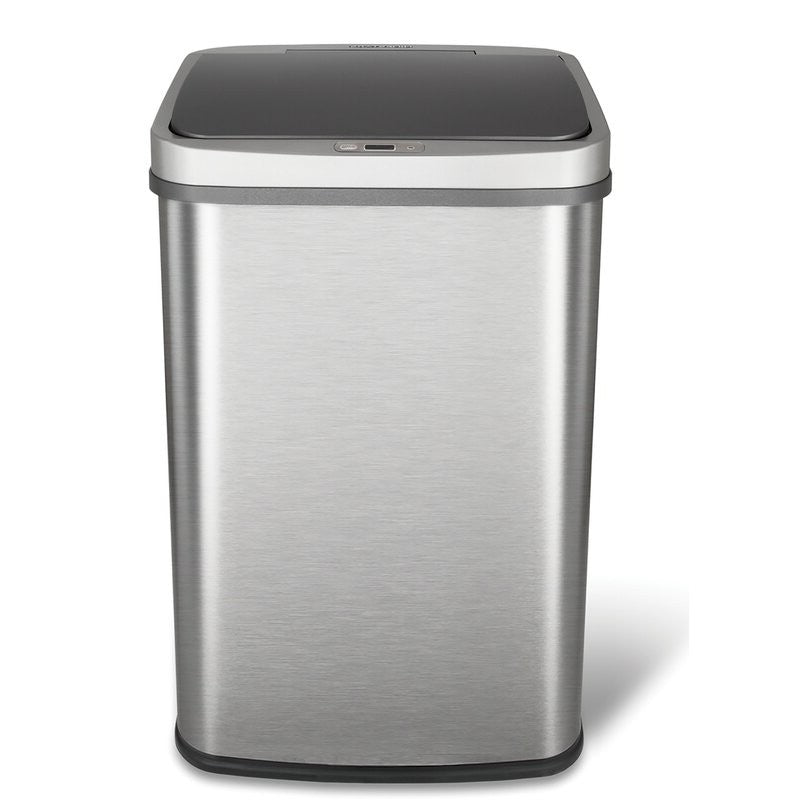 Grey 13-Gallon Stainless Steel Kitchen Trash Can Motion Sensor Lid with a sleek design and modern features.