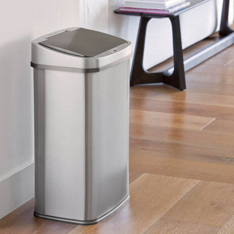 Grey 13-Gallon Stainless Steel Kitchen Trash Can Motion Sensor Lid in a modern kitchen setting.
