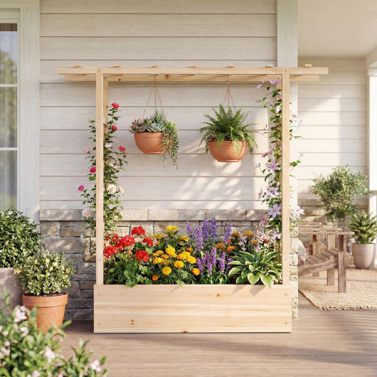 45 inch Tall Wooden Raised Garden Bed with Side Trellis and Hanging Roof-Orange