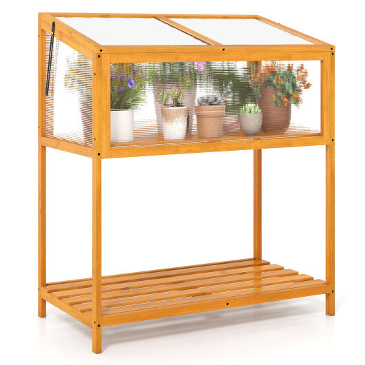 Wood Cold Frame Greenhouse with Transparent Openable Roof and Slatted Storage Shelf-Orange
