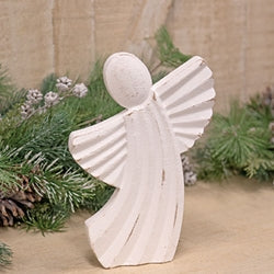 Distressed White Wooden Angel Sitter - 9-1/4 In H
