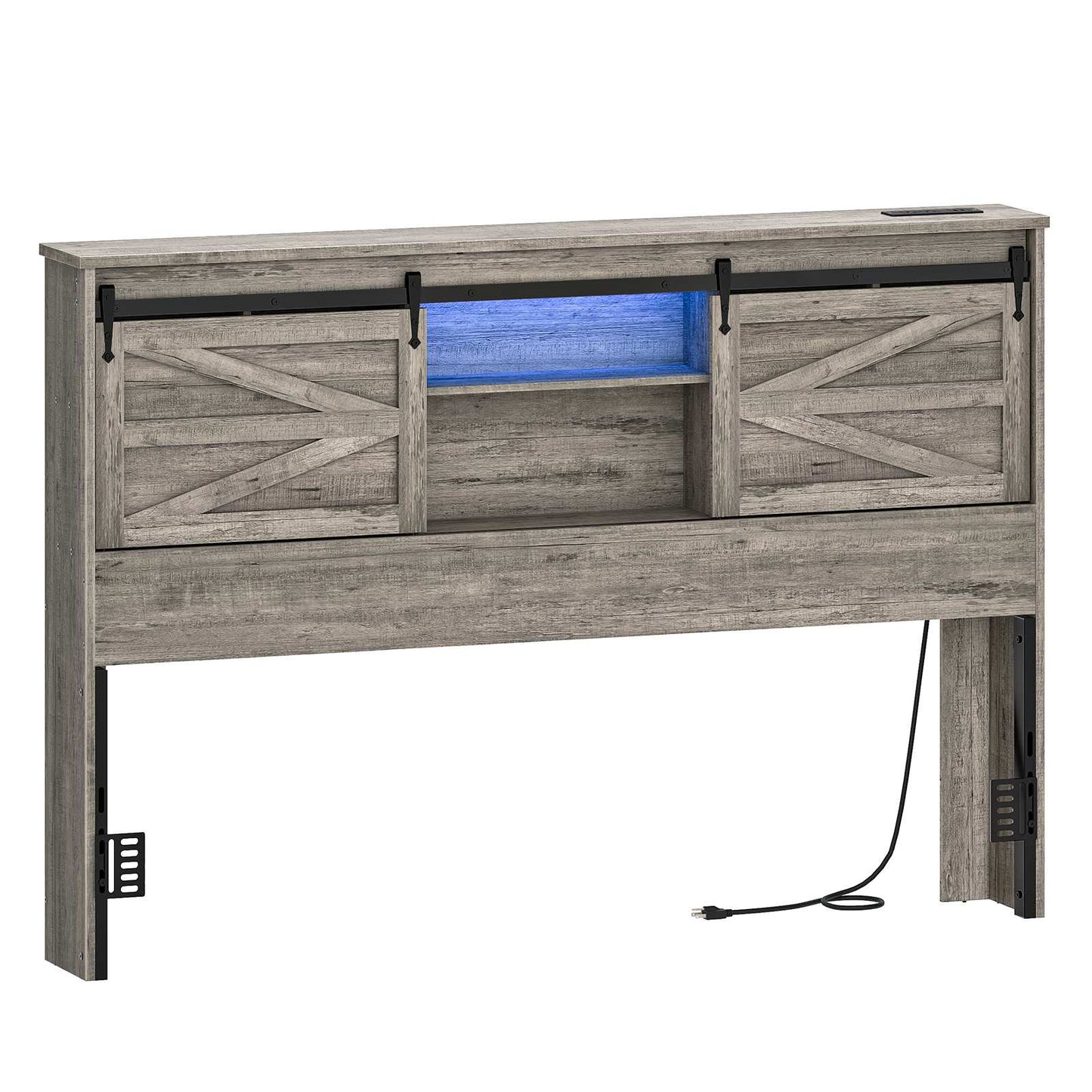 Queen Headboard with Storage Shelf, Charging Station, LED - Grey