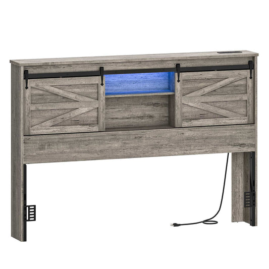 Queen Headboard with Storage Shelf, Charging Station, LED - Grey