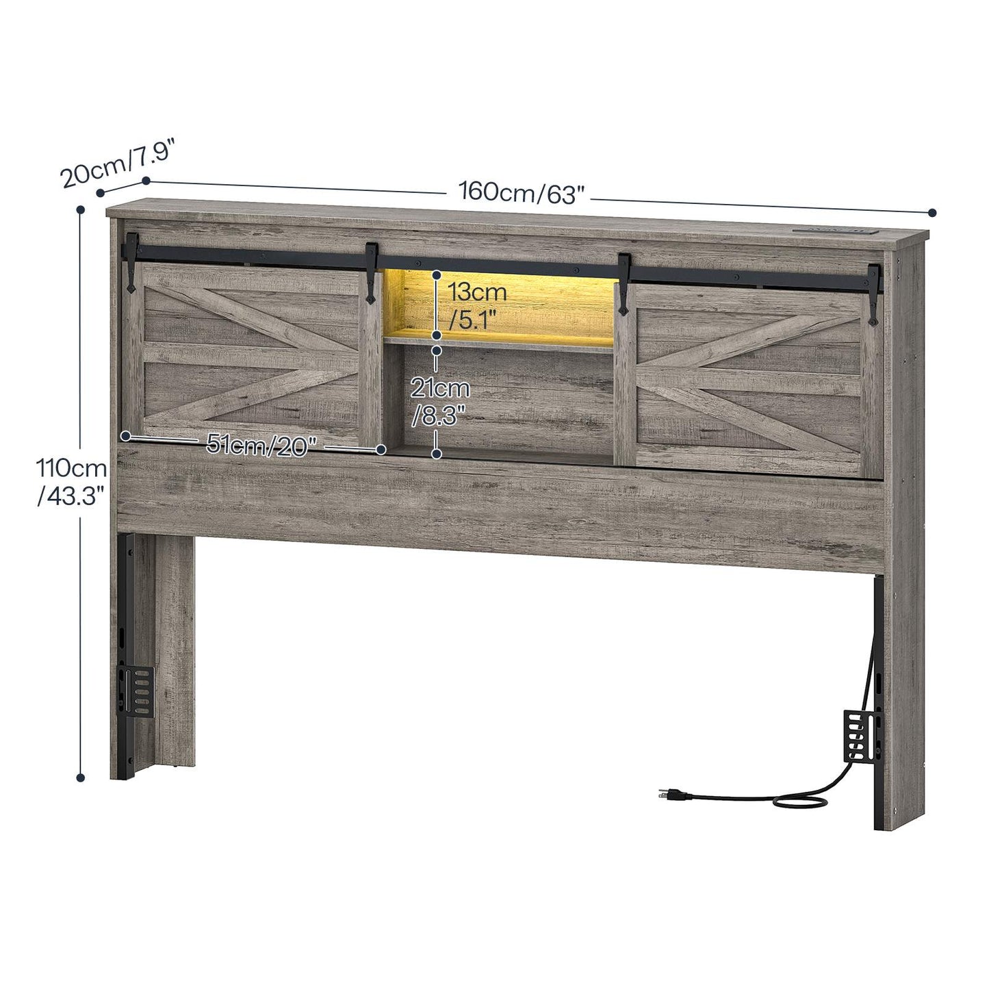 Queen Headboard with Storage Shelf, Charging Station, LED - Grey