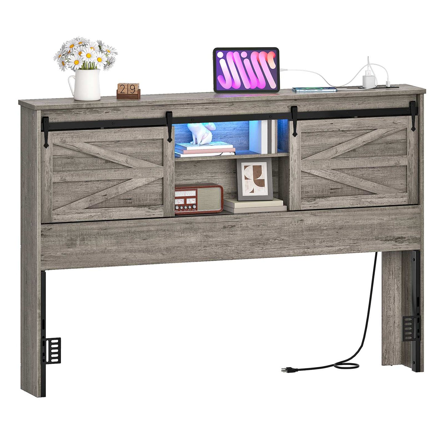 Queen Headboard with Storage Shelf, Charging Station, LED - Grey