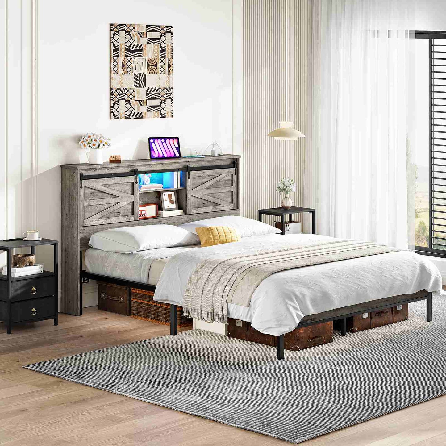 Queen Headboard with Storage Shelf, Charging Station, LED - Grey