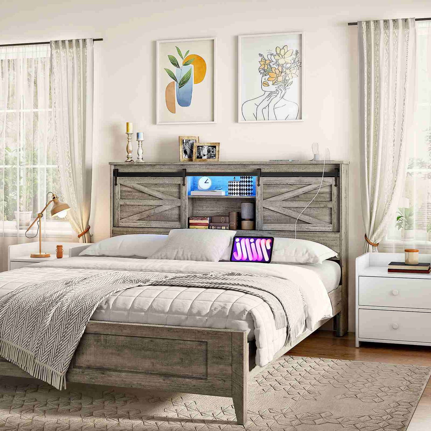 Queen Headboard with Storage Shelf, Charging Station, LED - Grey