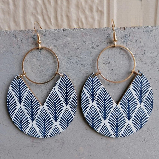 Geometric Pattern Circle Wood Earrings