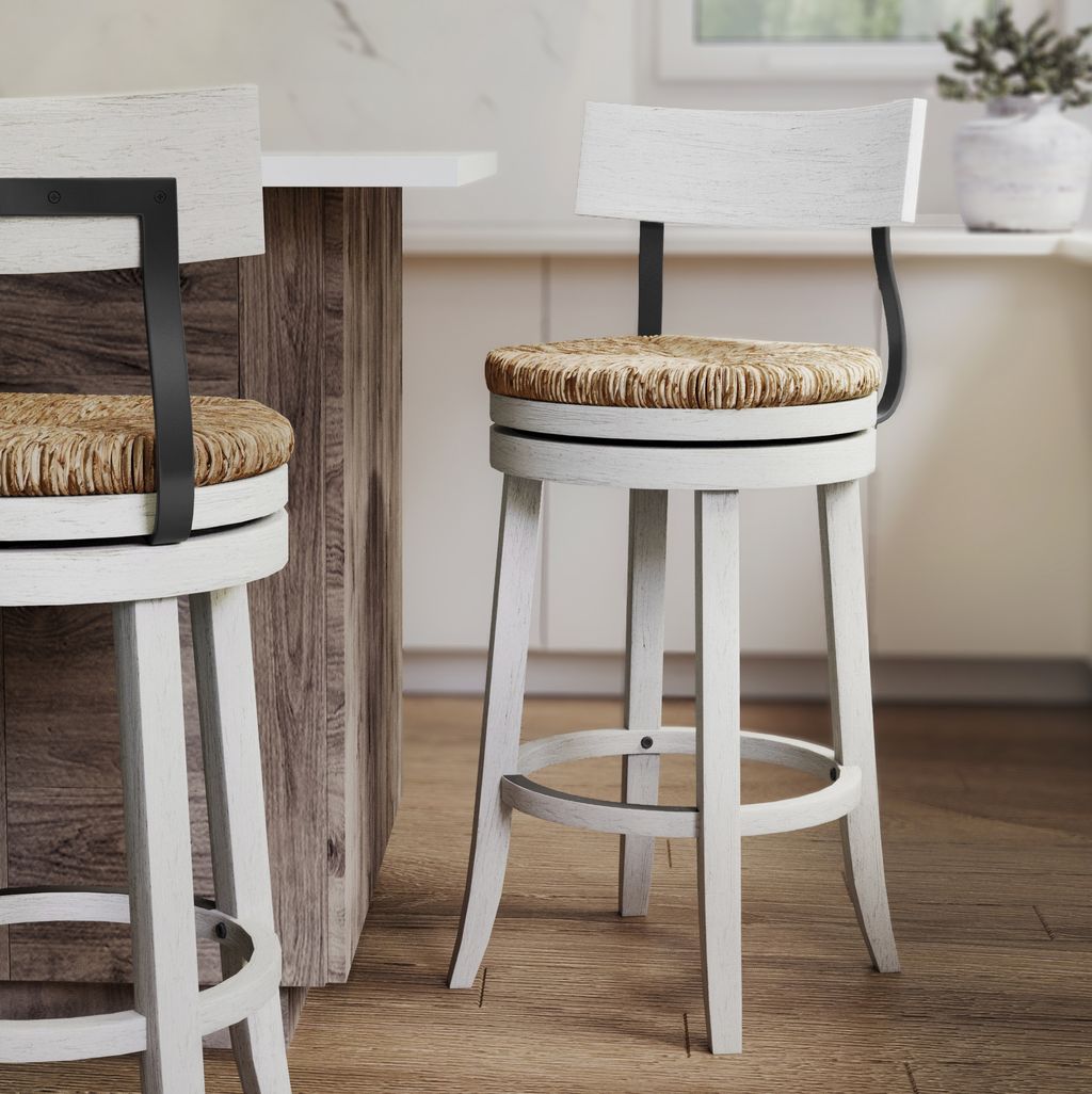 Eden Stool with Seagrass Seat in Reclaimed White showcasing modern farmhouse style and solid wood construction.