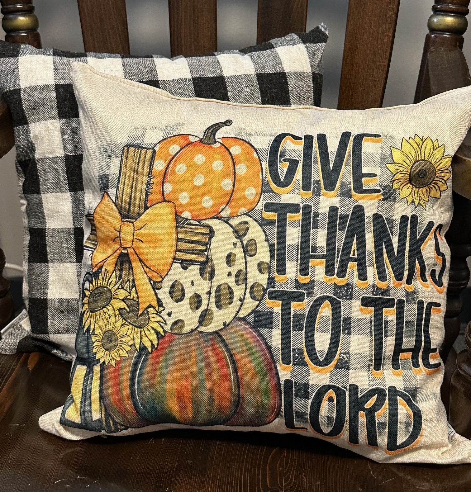 Give Thanks To The Lord Pillow Cover featuring pumpkins and sunflowers, perfect for fall decor, 18x18 inch size.