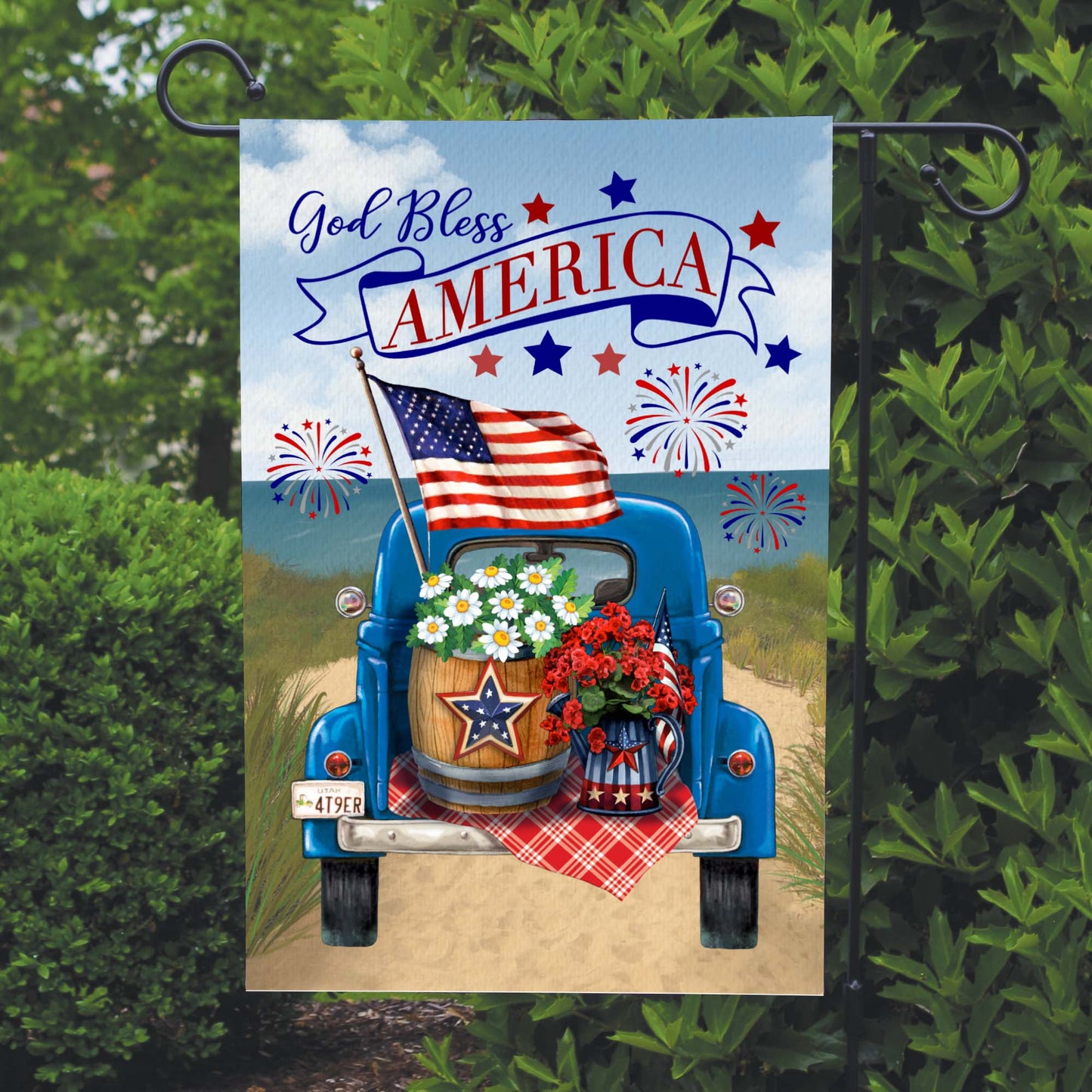God Bless America Garden Flag 12x18 inch featuring a vintage truck with flowers and American flag.