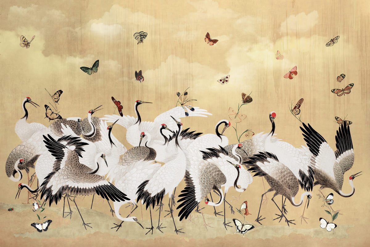 Golden Japanese Chinoiserie Cranes Wall Mural