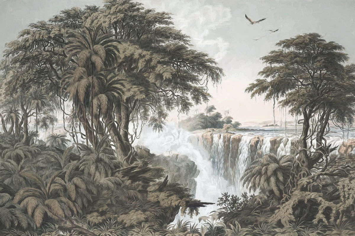 Grand Tropical Grisaille Waterfall Scenic Wall Mural