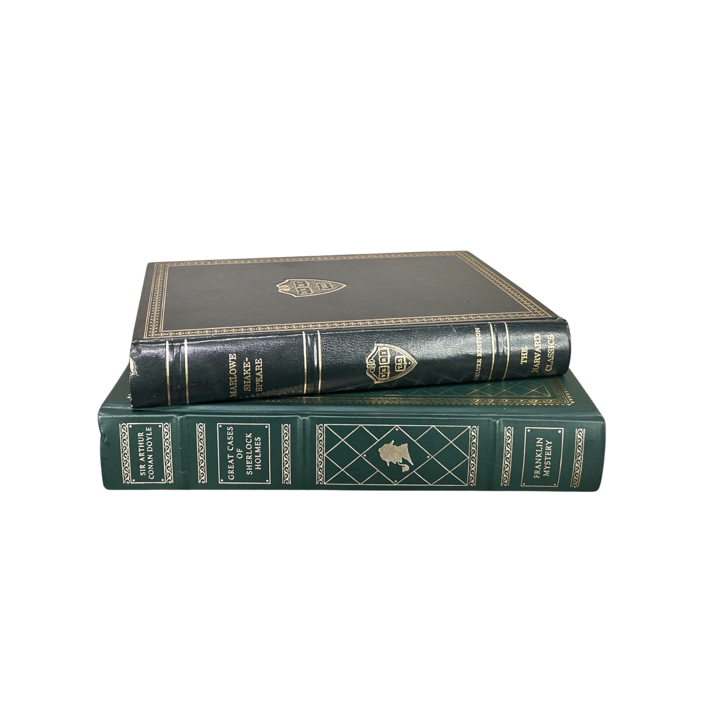 Vintage Green Gilded Books featuring hardcover leather-look bindings in dark green with gilt accents.