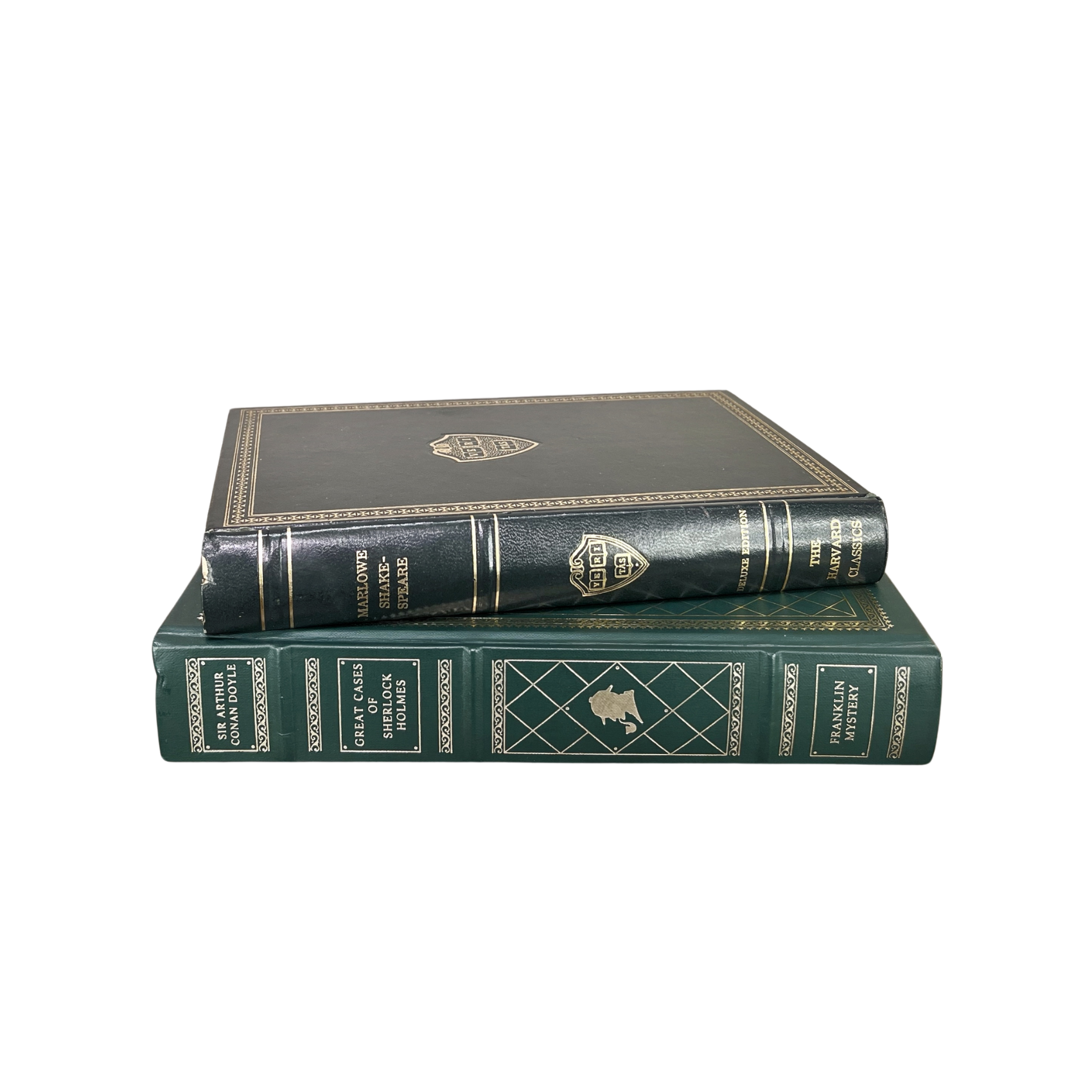 Vintage Green Gilded Books featuring hardcover leather-look bindings in dark green with gilt accents.