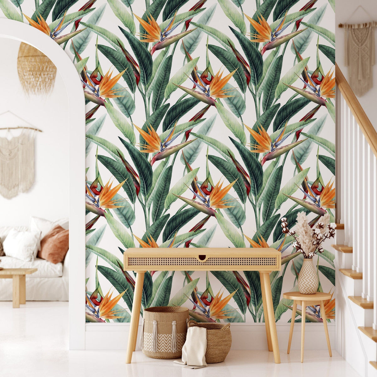 Tropical Leaves & Bird of Paradise Flower Wallpaper