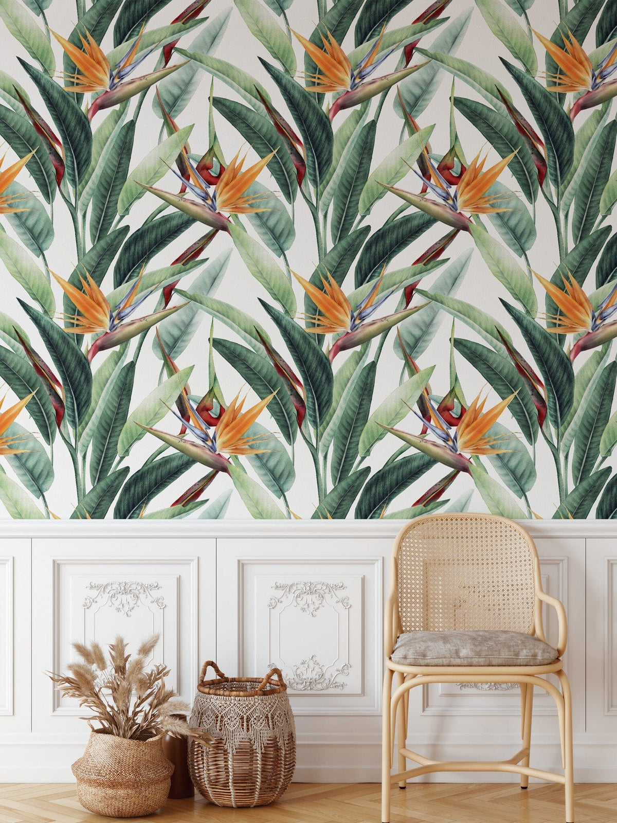 Tropical Leaves & Bird of Paradise Flower Wallpaper