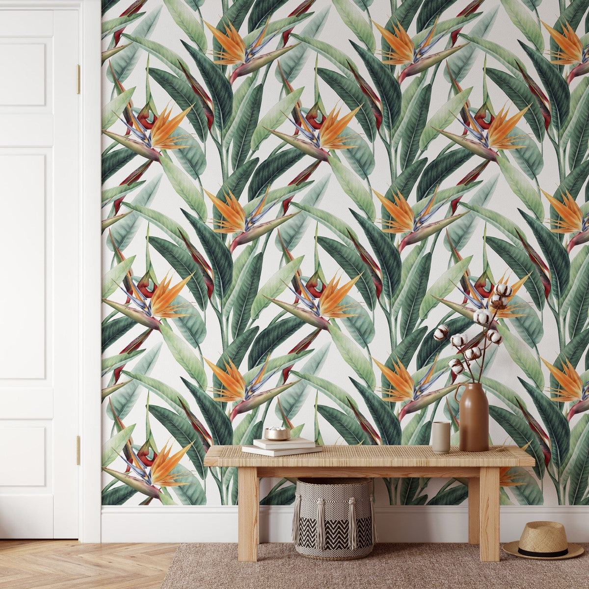 Tropical Leaves & Bird of Paradise Flower Wallpaper