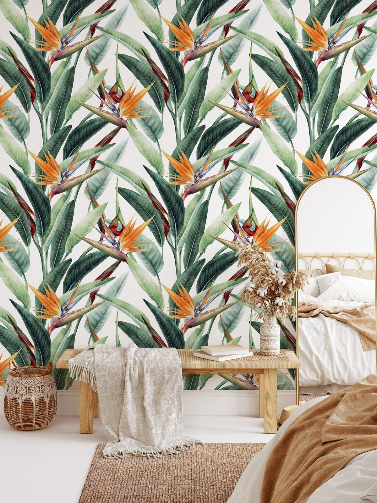 Tropical Leaves & Bird of Paradise Flower Wallpaper
