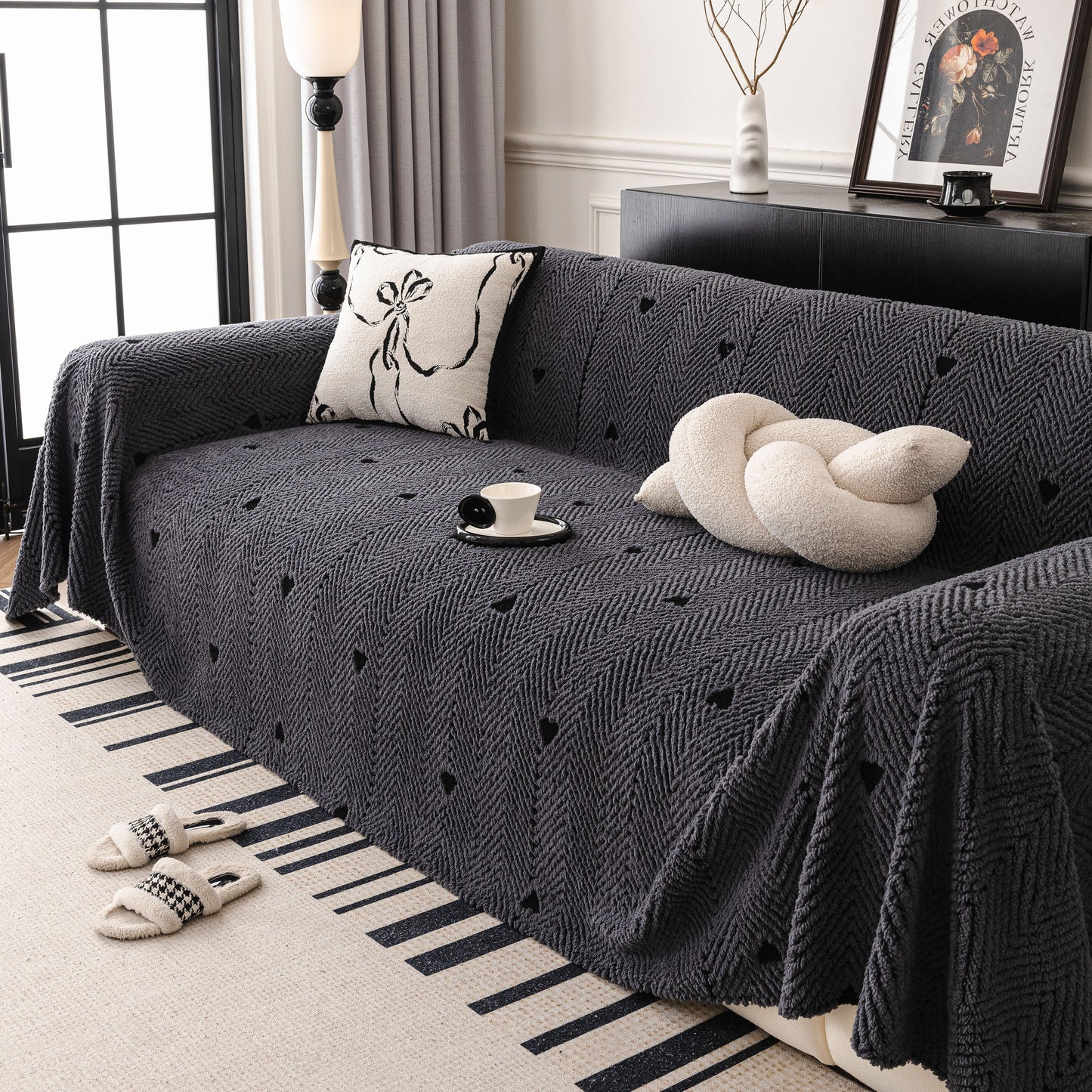 Thick Plush Sofa Cover Throw for Couch, 3D Textured Herringbone Washable Slipcover