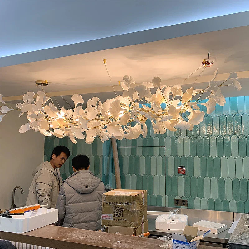New gold chandelier white ceramic leaf lamp indoor home living room decorative lamp French luxury staircase ceiling lamp