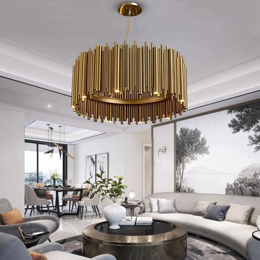 Luxury Gold LED Chandelier for Living Room - Round Hanging Lamp with Modern Creative Design