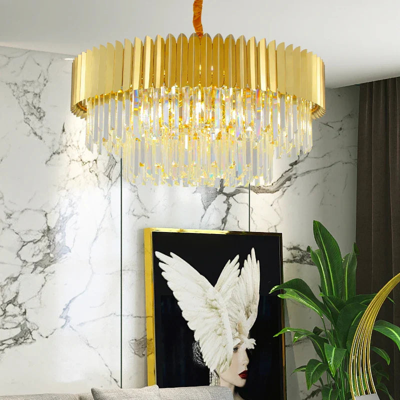 Postmodern Round Gold Stainless Steel Crystal LED Chandelier - Contemporary Illumination for Dining Elegance