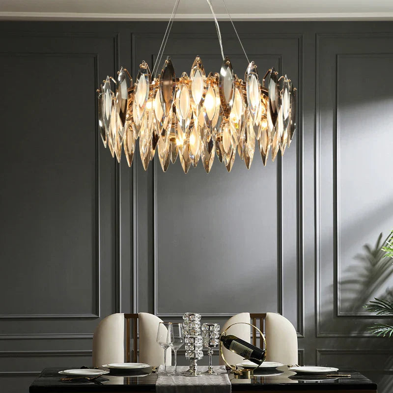 Elegant Round Gold LED Crystal Chandelier - A Modern Luxury Lighting Fixture for Dining Rooms, Living Rooms, and Home Decor