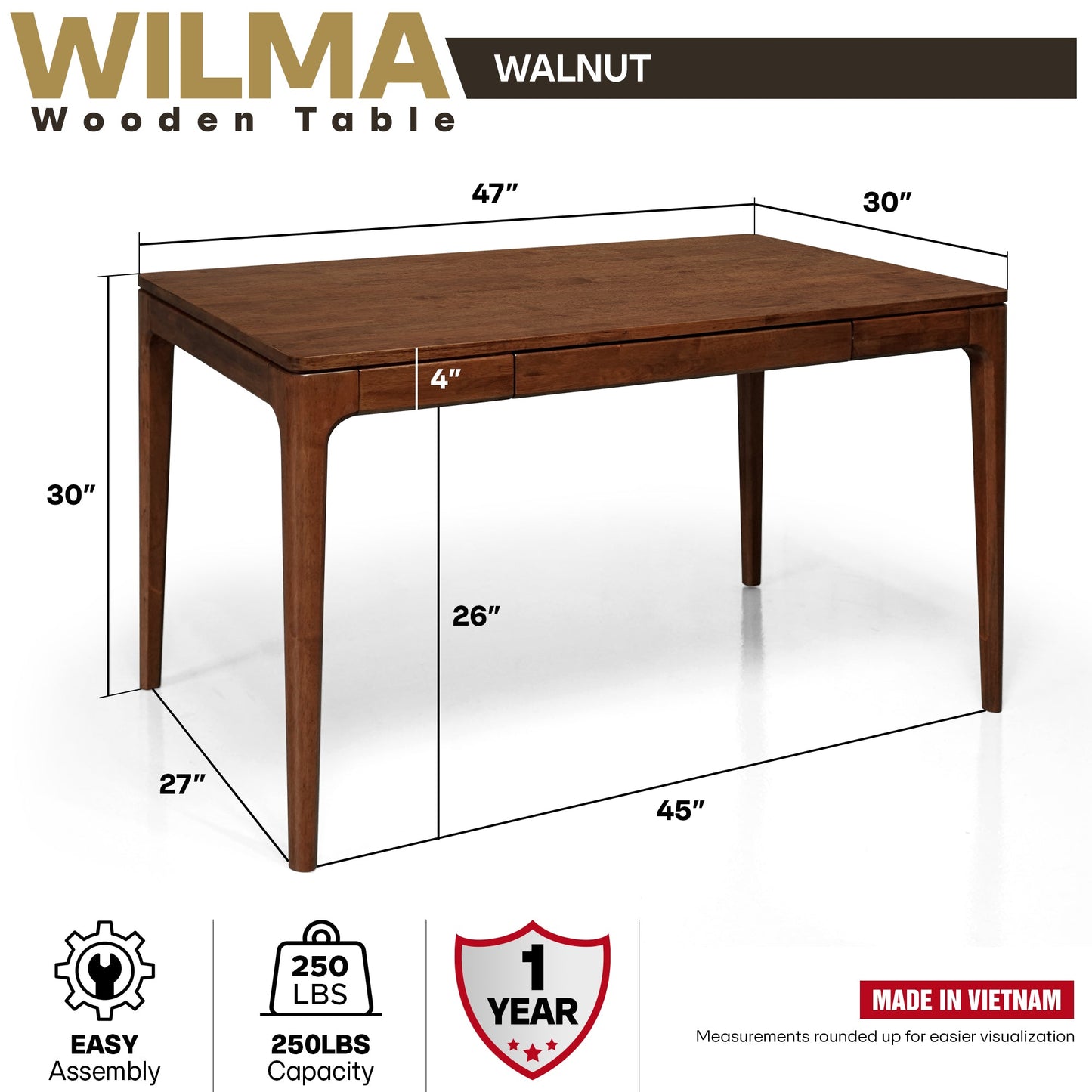 ACACIA Wilma 48” Rubber Wood Rectangular Writing Desk