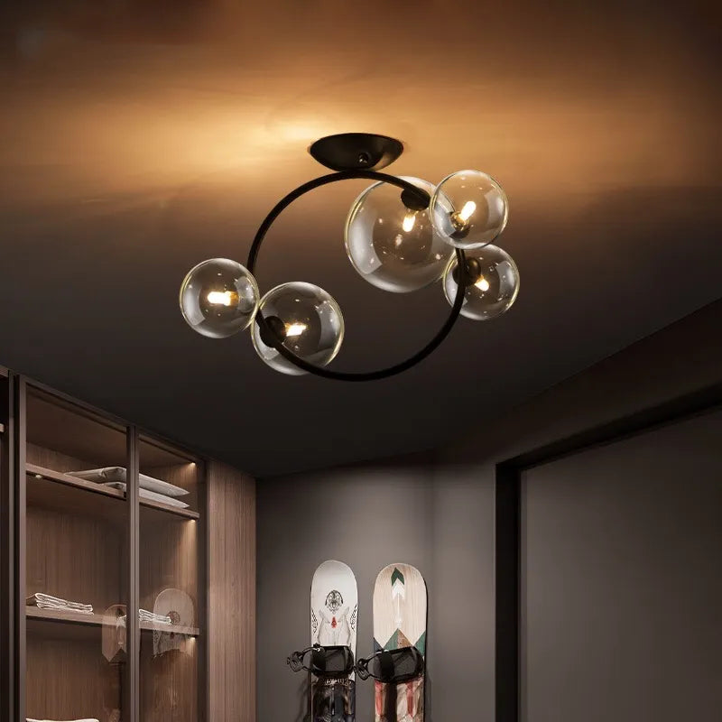 Nordic LED Ceiling Lights - Round Ring Lampshade with Glass Balls for Kitchen, Room, and Home Decor Indoor Lighting - Lustre Salon Fixture